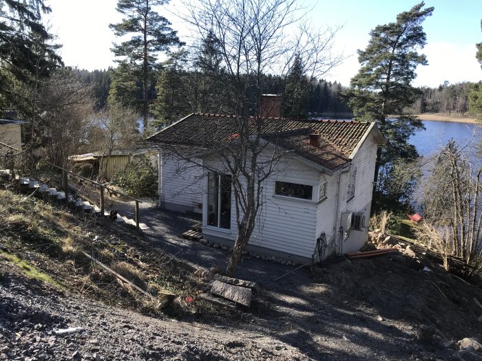 Vit villa med röd takpannor i kuperad trädgård med nyligen grävd mark och synlig stödmur nära sjö.