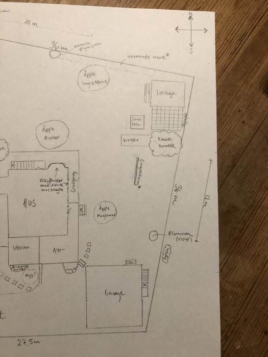 Handritad skiss av trädgårdsplanering med hus, träd, gungställning och måttangivelser.