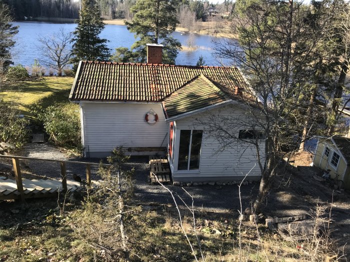 Trädgård med nyligen stödmur vid väg, uppgrävda områden och sjöutsikt bakom huset.