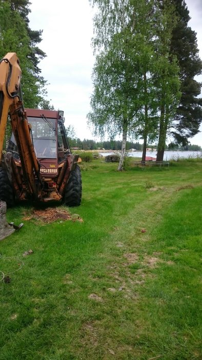 Gräsmatta och trädgårdsarbete med hjullastare på en stor tomt vid havet.