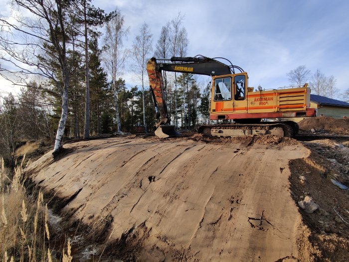 Grävmaskin stabiliserar slänt och reder upp efter stormfälld björk på en fastighet.