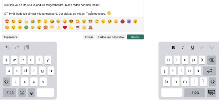 En sönderslagen smartphone med textfält, emojis och skrivverktyg på skärmen.