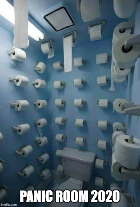 Ett badrum klätt med många rullar toalettpapper på väggarna och texten "PANIC ROOM 2020".