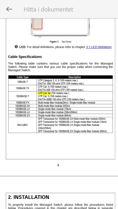 Skärmdump av manual för nätverksomvandlare som visar kabelspecifikationer och kompatibilitet.