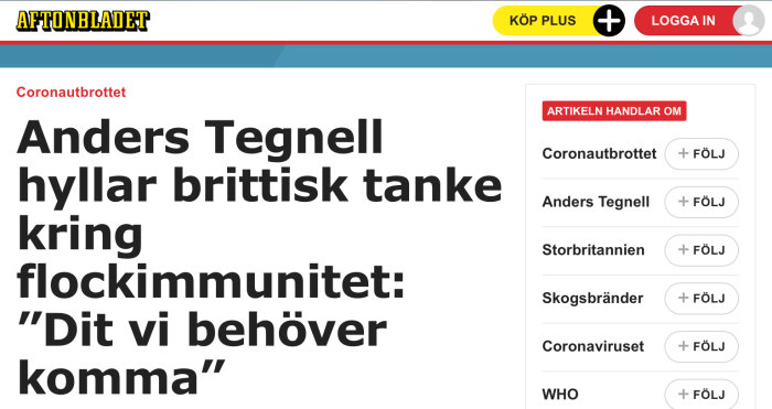 Skärmdump från Aftonbladet med rubrik om Anders Tegnells stöd för brittisk strategi om flockimmunitet.
