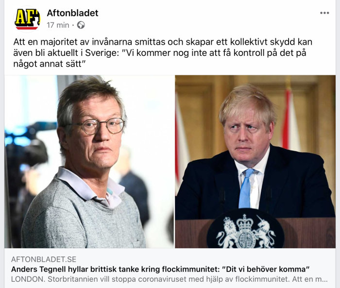Skärmdump från Aftonbladet med bild på man till vänster och man i kostym till höger, relaterat till flockimmunitet.