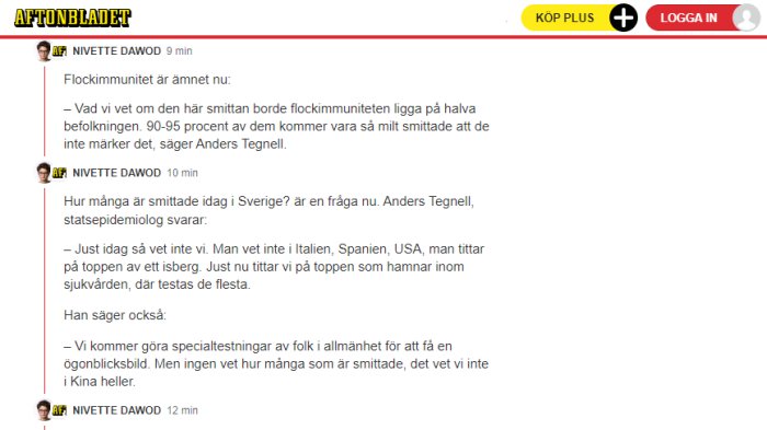 Skärmdump av diskussionstråd på forum med inlägg av användaren "Nivette Dawod" som diskuterar flockimmunitet och citat av Anders Tegnell.