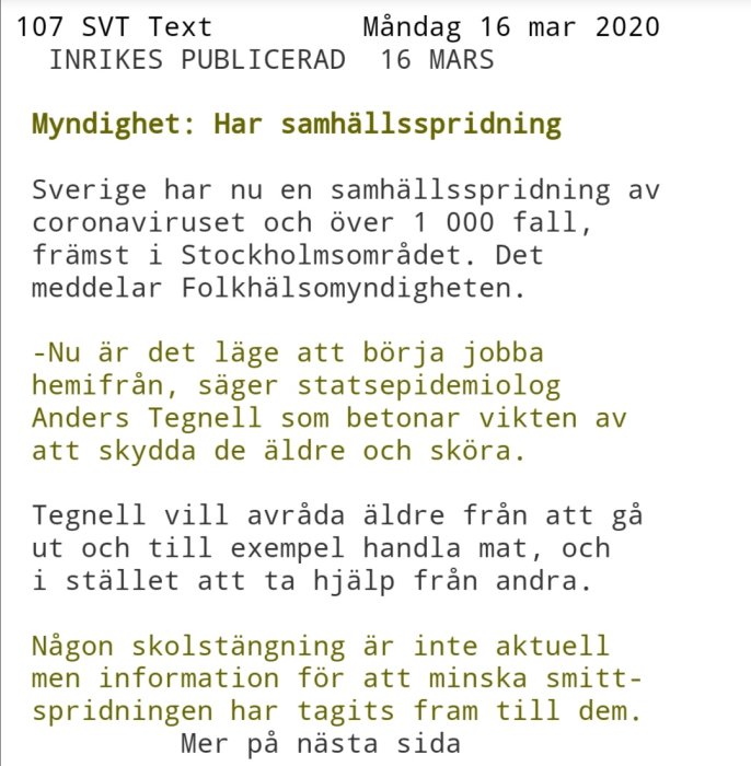Text-TV-nyhet om samhällsspridning av coronavirus och rekommendation om hemarbete.