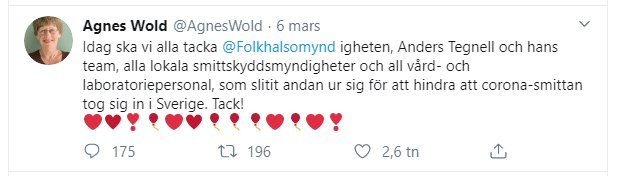 Skärmdump av ett Twitter-inlägg av Agnes Wold som tackar svenska myndigheter och vårdpersonal för deras arbete under pandemin.