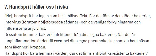 Skärmdump av en text som diskuterar effekten av handsprit på hälsa, med fokus på virus och bakterier.