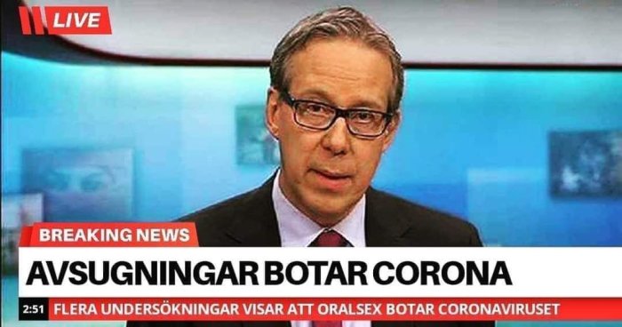 TV-nyhetsankare framför "Breaking News" text som gör ett potentiellt falskt påstående om botemedel för coronavirus.