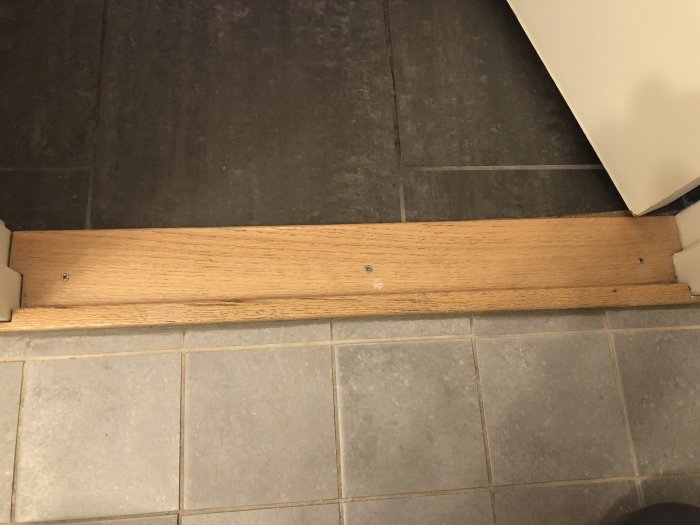 Trätröskel mellan badrums- och korridorgolv med synliga skruvar och underliggande trästöd.