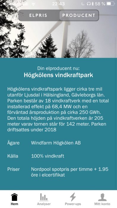 Skärmbild av Tibber-appen som visar information om Högkölens vindkraftpark med en vindturbin i bakgrunden.