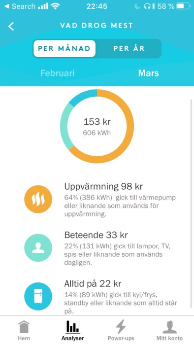 Analyser av hushållets elförbrukning i en energiförvaltningsapp som visar kostnader och kwh per kategori.