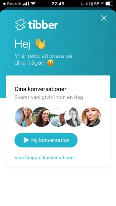 Skärmdump av Tibber-appens chattfunktion med texten "Hej" och alternativ för att starta eller visa tidigare konversationer.