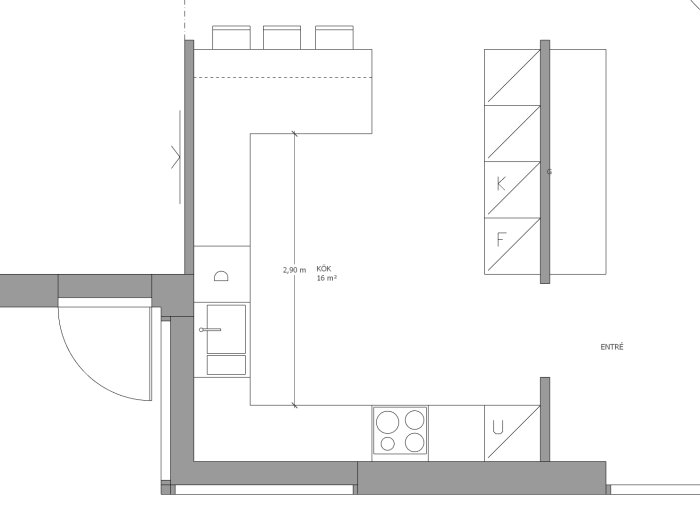 Arkitektritning av ett kök med planerad ö och barstolar, kyl och frys, samt ugn och avställningsytor.