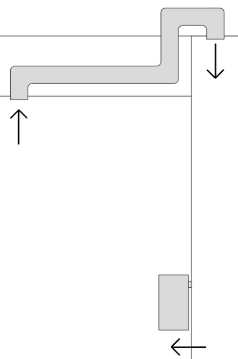 Skiss av bastuventilation med luftinlopp under dörren och utlopp i krök genom taket.