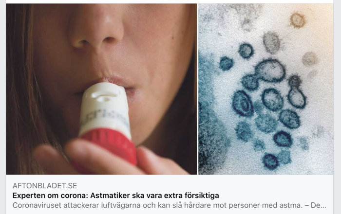 Person använder inhalator, mikroskopbild av coronaviruset.