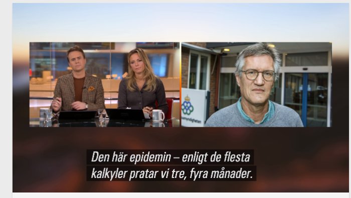 Två nyhetsankare i studio och en man intervjuas på skärm med text om epidemins varaktighet.