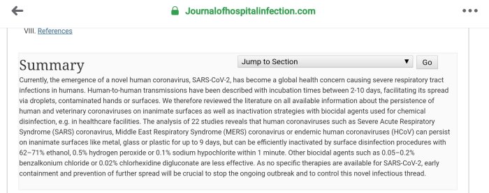 Skärmdump av en vetenskaplig artikel som sammanfattar spridning och desinfektion av SARS-CoV-2 viruset.