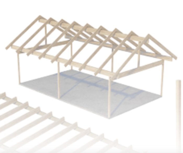 3D-modell av en enkel trästomme för tak med limträbalkar och takstolar.