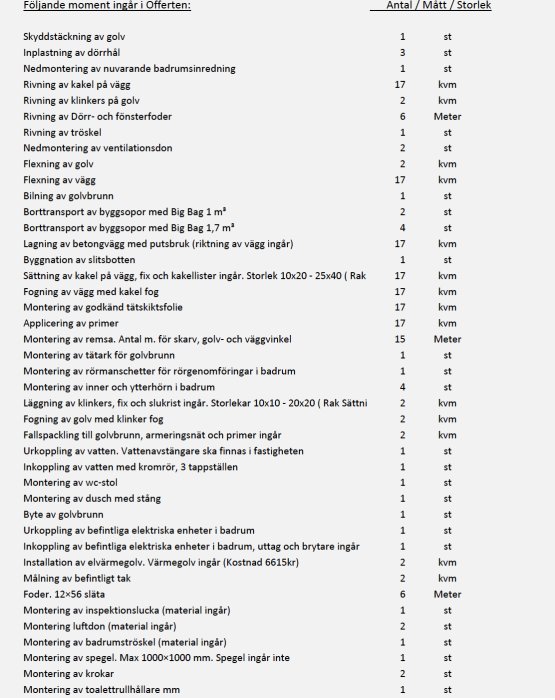 Skärmdump av en byggoffert med en lista över arbetsmoment och material, inklusive antal och mått.