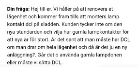 Bild av ett inlägg som diskuterar installation av lampkontakter och standarden DCL under en lägenhetsrenovering.