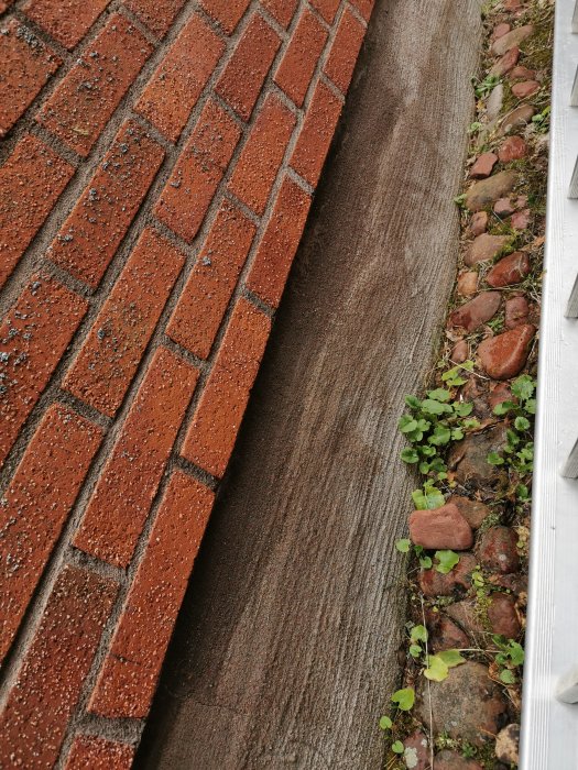 Nyplattlagd trottoarkant i rött tegel bredvid en äldre grusgång med spridda stenar och växter.