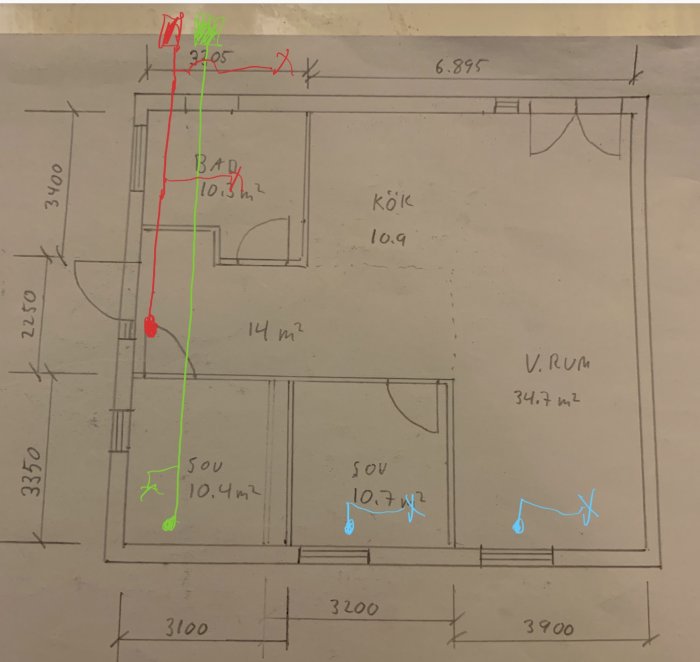 Ritning över hus med markerade ventilationssystem; grönt för tilluft, rött för frånluft, turkos för tilluft via stam.