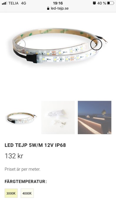 LED-tejp rullad i en cirkel, färgtemperaturval och prisinformation på webbsida.