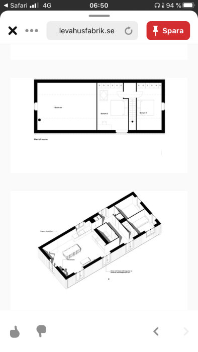 Planritning och 3D-vy av ett enplanshus med öppen planlösning och flera sovrum.