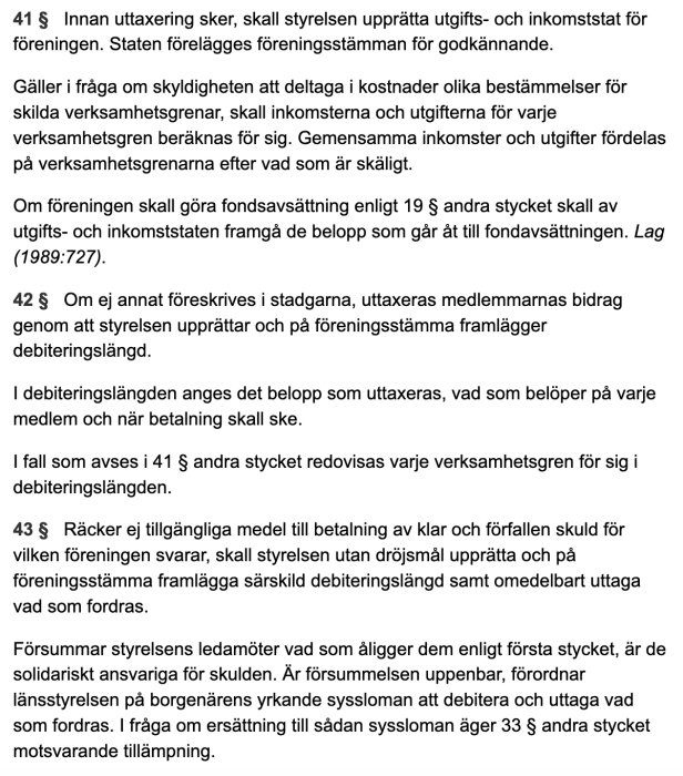 Skärmdump av lagtext relaterad till taxering och uttaxering inom en förening, ur svenska lagboken.