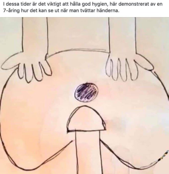 Barnritning som illustrerar hur det ser ut att tvätta händerna, med överdrivet stora händer och tvål.