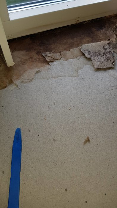 Vattenskadat golv nära fönster med upprivna ytor och tydliga fuktfläckar.