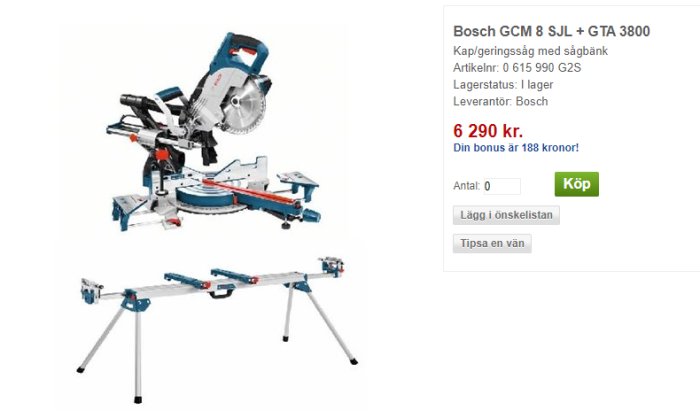 Bosch kap- och geringssåg med stabil sågbänk och utfällbara stödben.