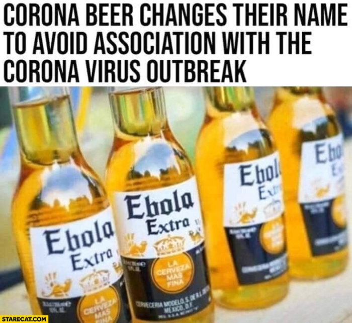 Flaskor märkta "Ebola Extra" istället för "Corona Extra" i en humoristisk bild.