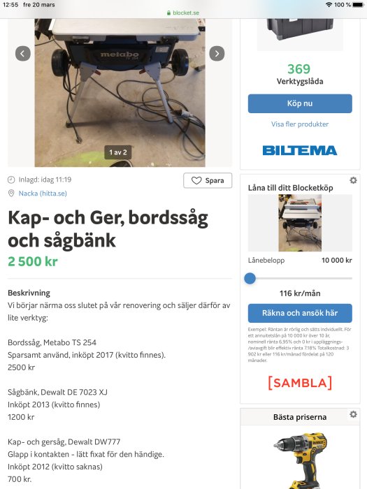 Metabo TS 254 bordssåg på ställning, använd i ett renoveringsprojekt, till salu för 2500 kr.