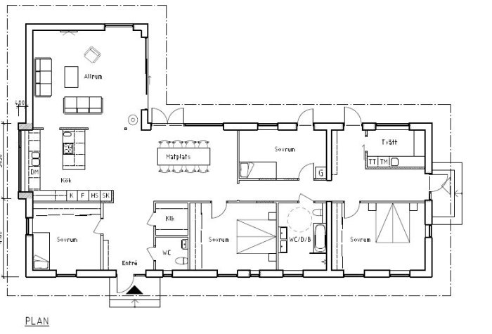 Planritning av ett enplans 80-talshus som genomgår renovering med ny planlösning.