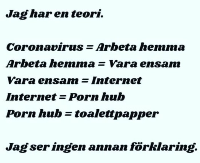 Text med en satirisk teori som kopplar coronavirus till att arbeta hemma, ensamhet, internetanvändning och toalettpapperskonsumtion.