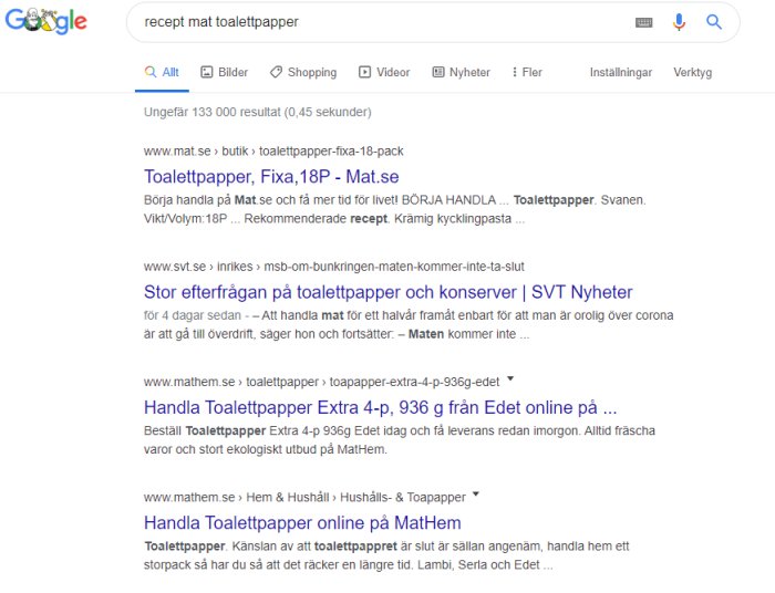 Skärmdump av Google-sökningsresultat för "recept mat toalettpapper" med olika hemsidor listade.