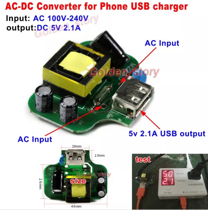 Kretskort för USB-laddare som konverterar AC till DC, med specifikationer och mått angivna.