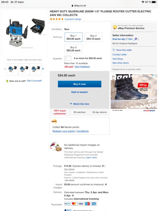 Silverline 2050W blå överfräs till salu på eBay för 100 pund med fraktoptioner och köpalternativ synliga.