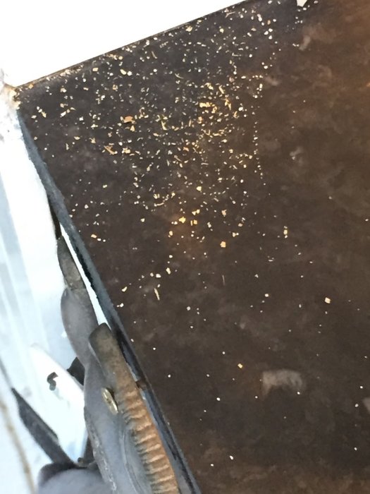 Spån på mörkt golv vid väggkant, eventuell skadedjuringrepp i gammalt hus.