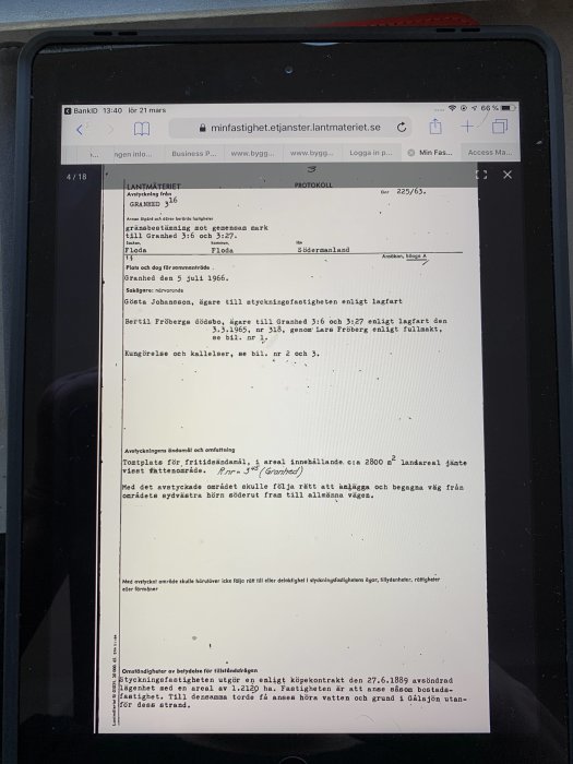 Skärmavbild av en webbsida med servitutprotokoll inkluderande text om fastighetsindelning och strandskyddsregler.
