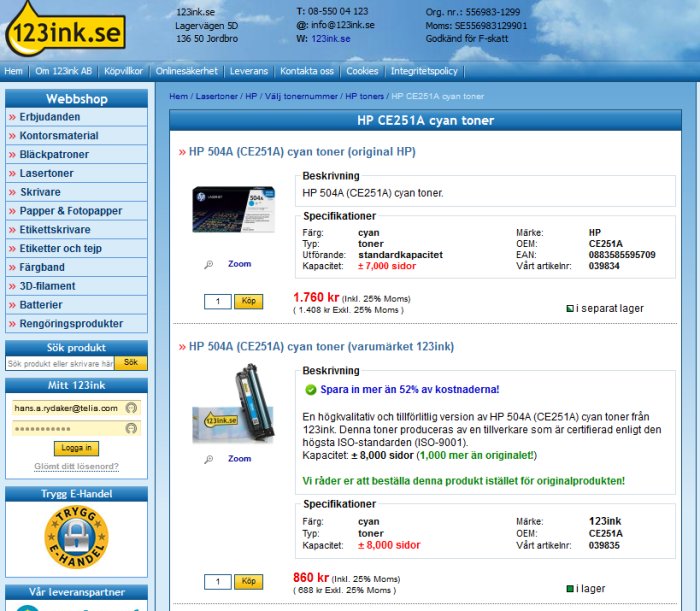 Skärmdump av en webbutik som visar jämförelse av priser för HP CE251A cyan toner, både original och kompatibelt märke.