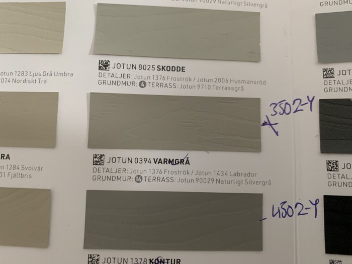 Färgprover på en vägg med olika nyanser av grå och gröna Demidekk hybridfärger från Jotun.