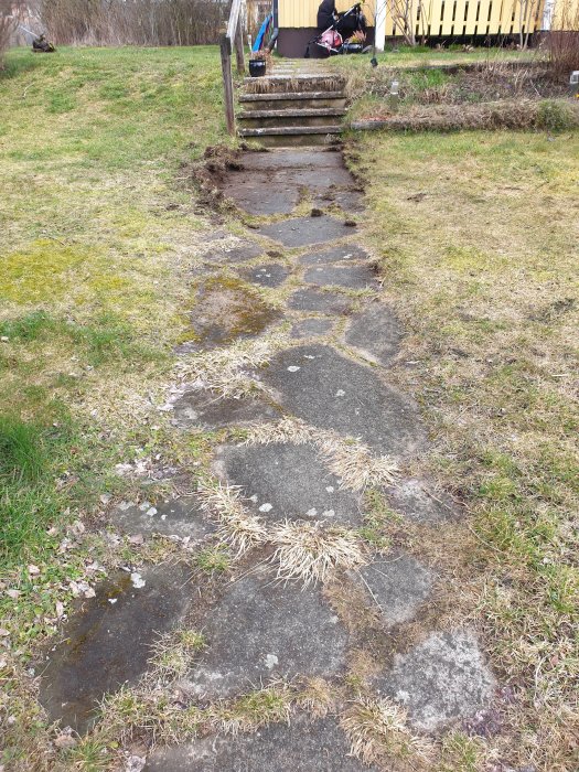 En nyligen utgrävd stengång i en trädgård leder upp till en trappa med ett hus i bakgrunden.