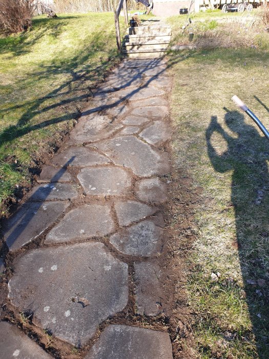 Nygrävd stengång med ojämna stenplattor i en trädgård som leder upp till trätrappor.