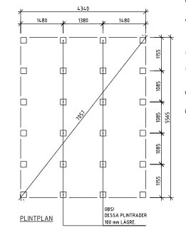 Plintgrundsritning för en 25 m2 stor attefallare med måttagningar och placering av plintar. Notera: plintaräder 100 mm i LÄGRE.