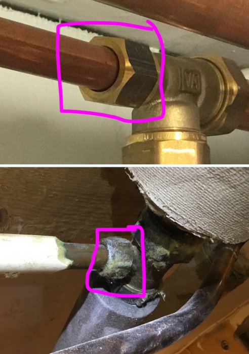 Två närbilder av rördelar, övre med Vatette koppling och undre med Conex, båda inringade för dimensionbedömning.